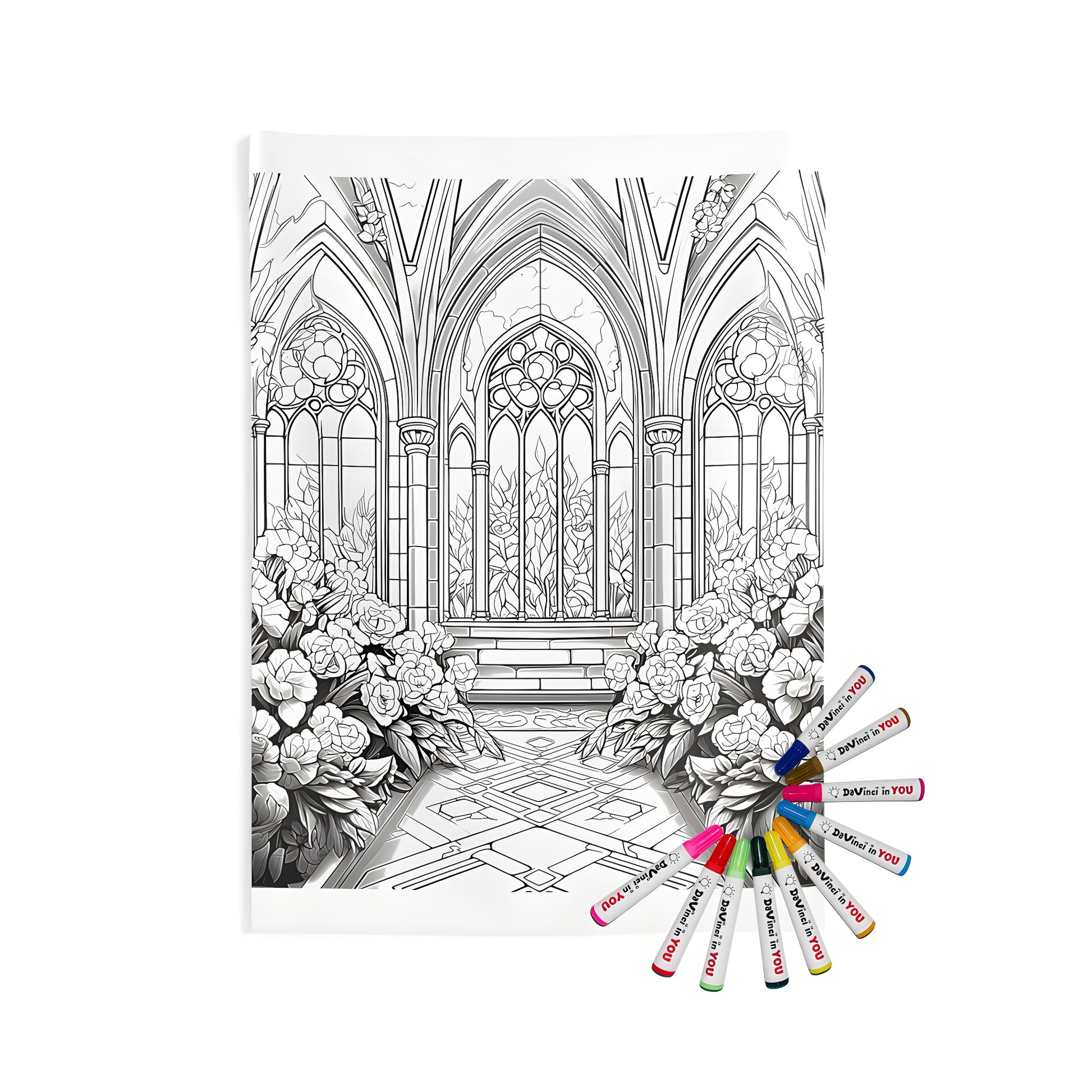 Intricate cathedral interior wall tapestry with tall windows and blooming flower bushes, perfect for gothic art enthusiasts. Includes fabric markers for coloring.