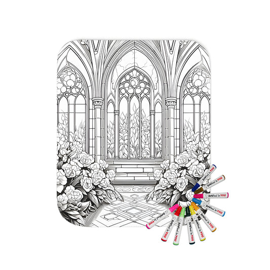 Gothic style cathedral interior blanket with intricate details and blooming flower bushes - perfect for adult coloring kit enthusiasts