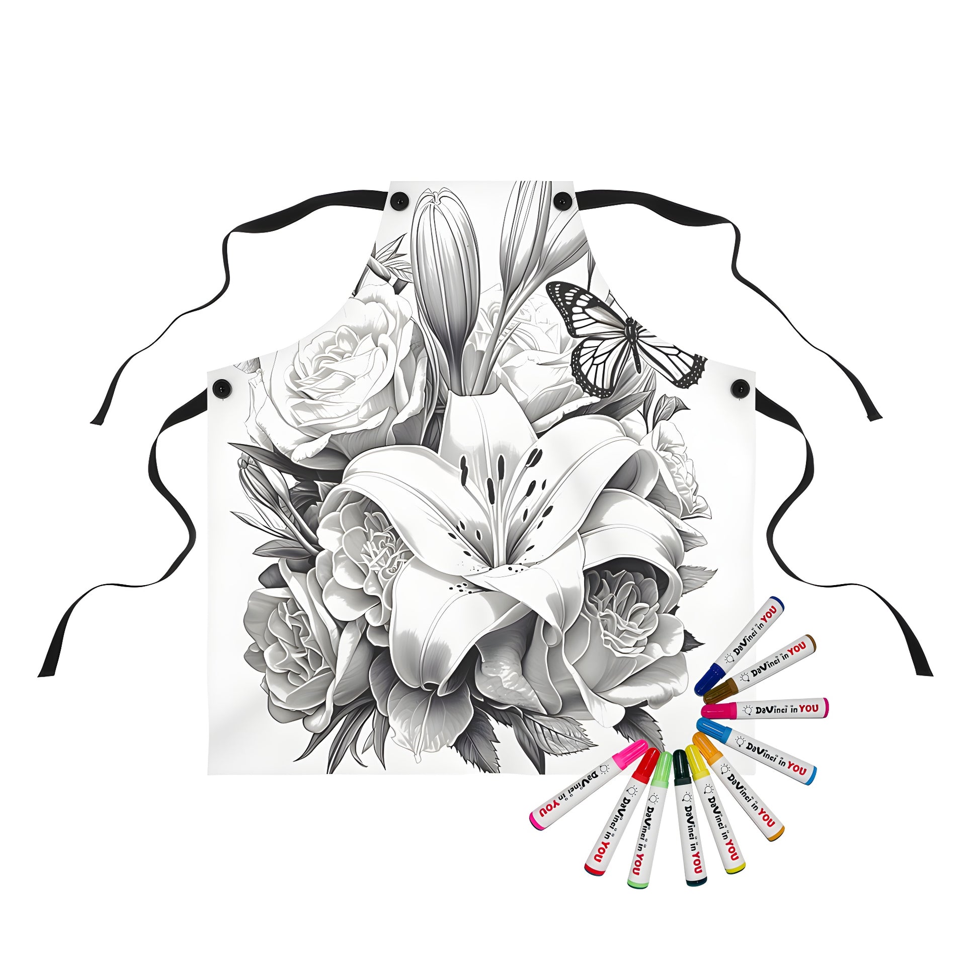 Detailed floral illustration apron for coloring with bouquet of flowers and butterfly design