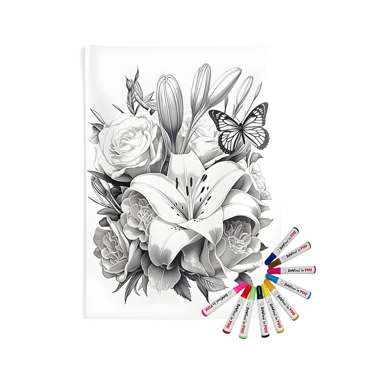 Indoor wall tapestries featuring a detailed black and white illustration of a bouquet of flowers including lilies, roses, and other blooms with a butterfly perched on top.