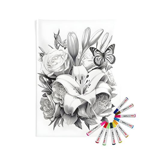 Indoor wall tapestries featuring a detailed black and white illustration of a bouquet of flowers including lilies, roses, and other blooms with a butterfly perched on top.