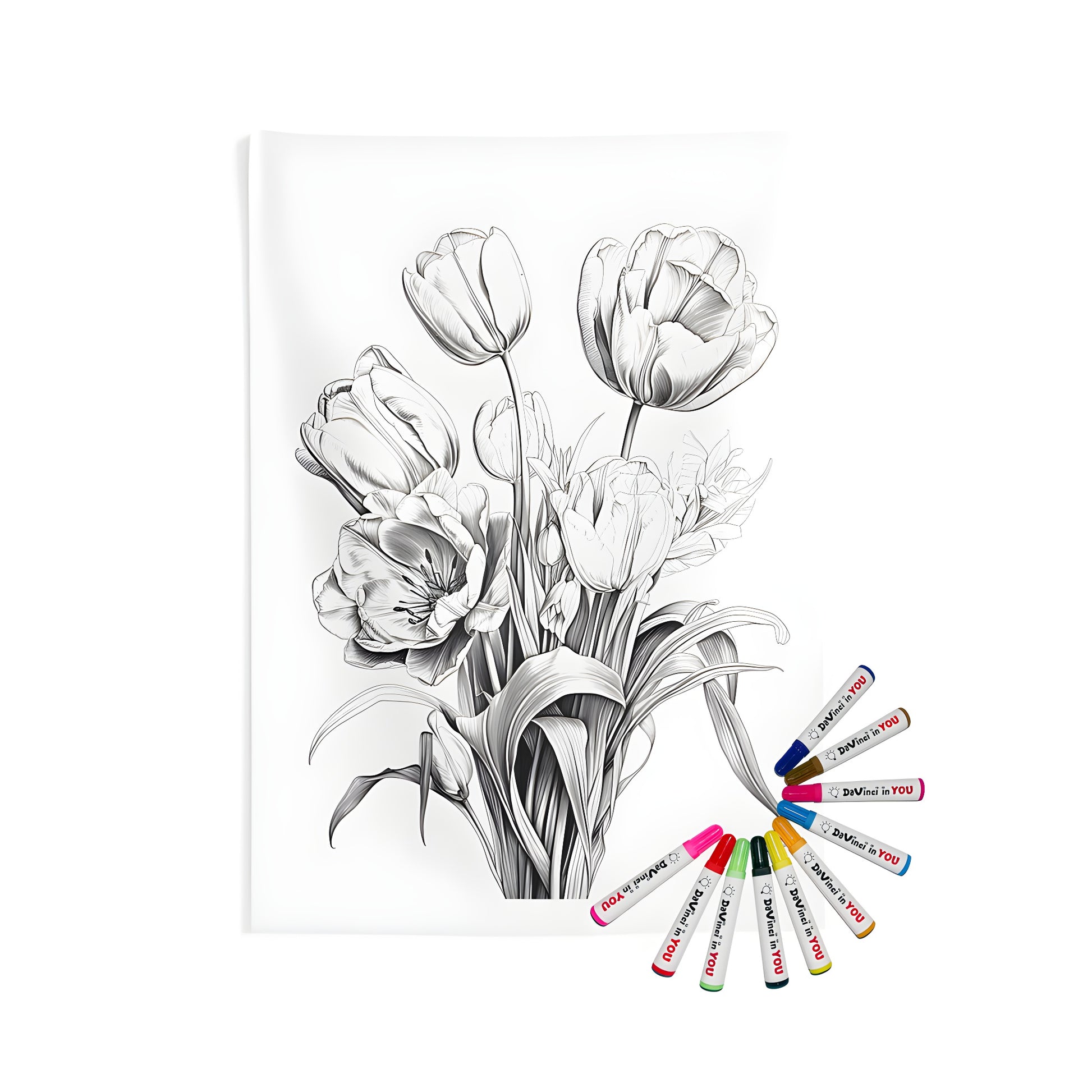 A beautiful bouquet of tulips indoor wall tapestries with intricate details and elegant stems