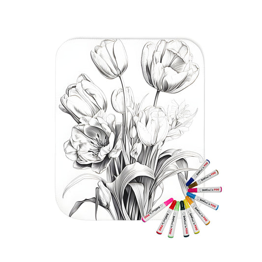 Cozy blanket with a beautiful floral design featuring a bouquet of tulips, stems, and leaves