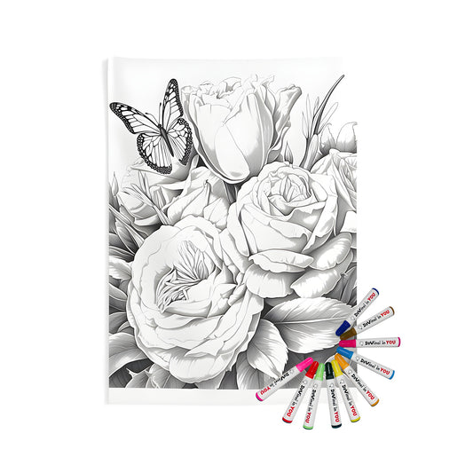 Indoor wall tapestries coloring kit with fabric markers, roses and butterfly floral design, home decor