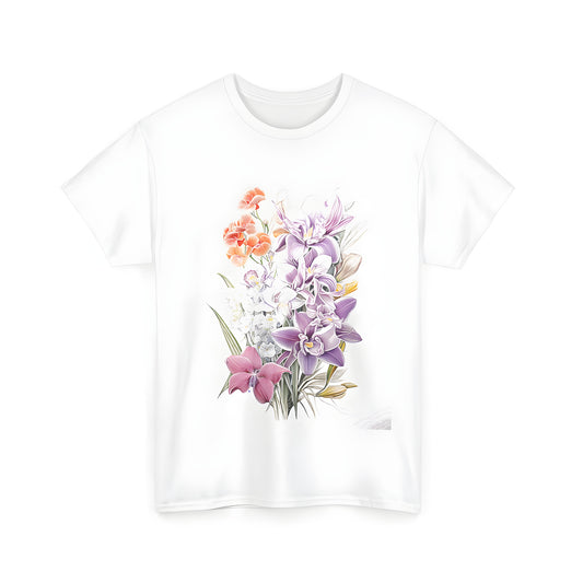 Detailed illustration of colorful orchid flowers and blooming spring designs on unisex t-shirt