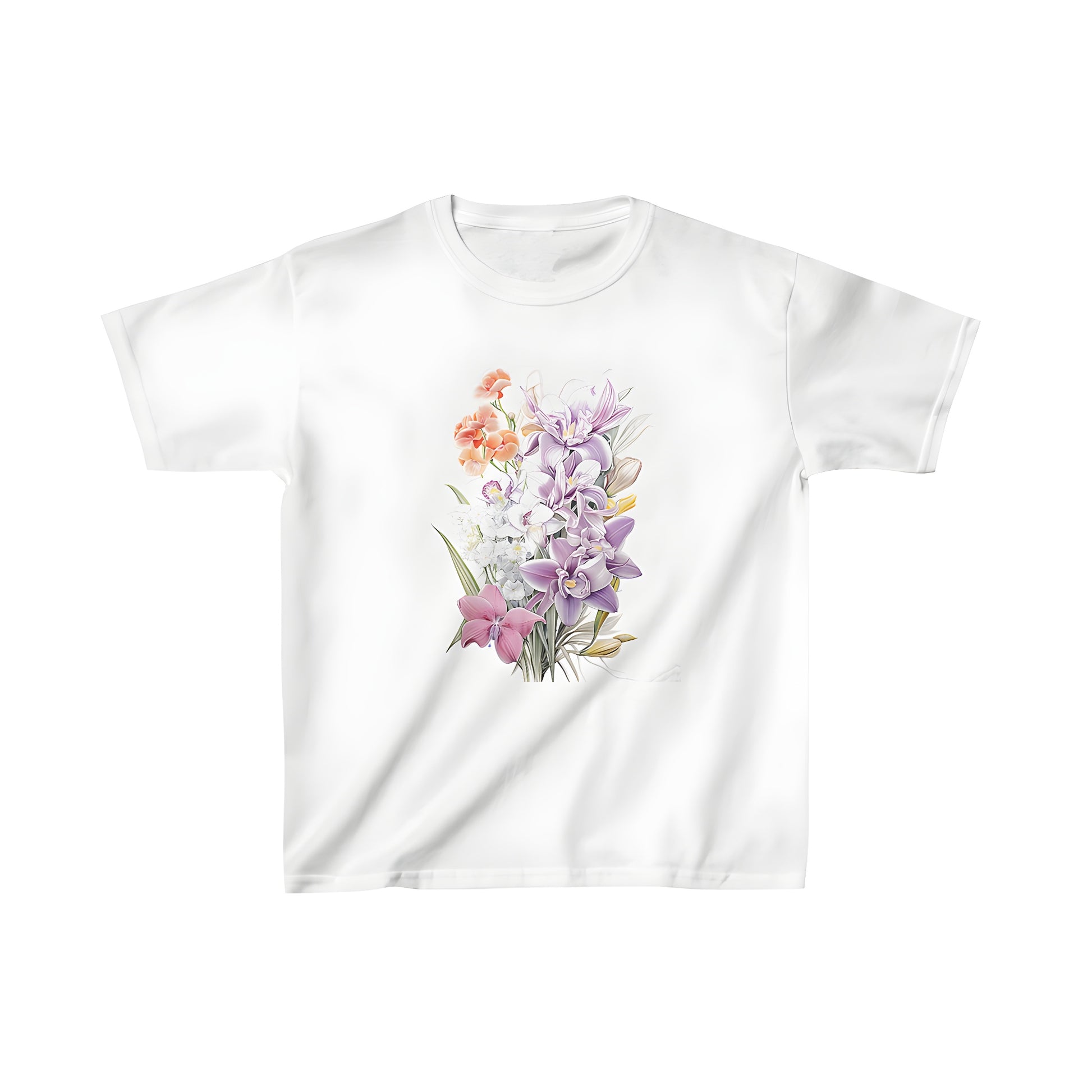 Colorful kid's t-shirt with delicate orchid flowers, spring blooms, and pastel petals