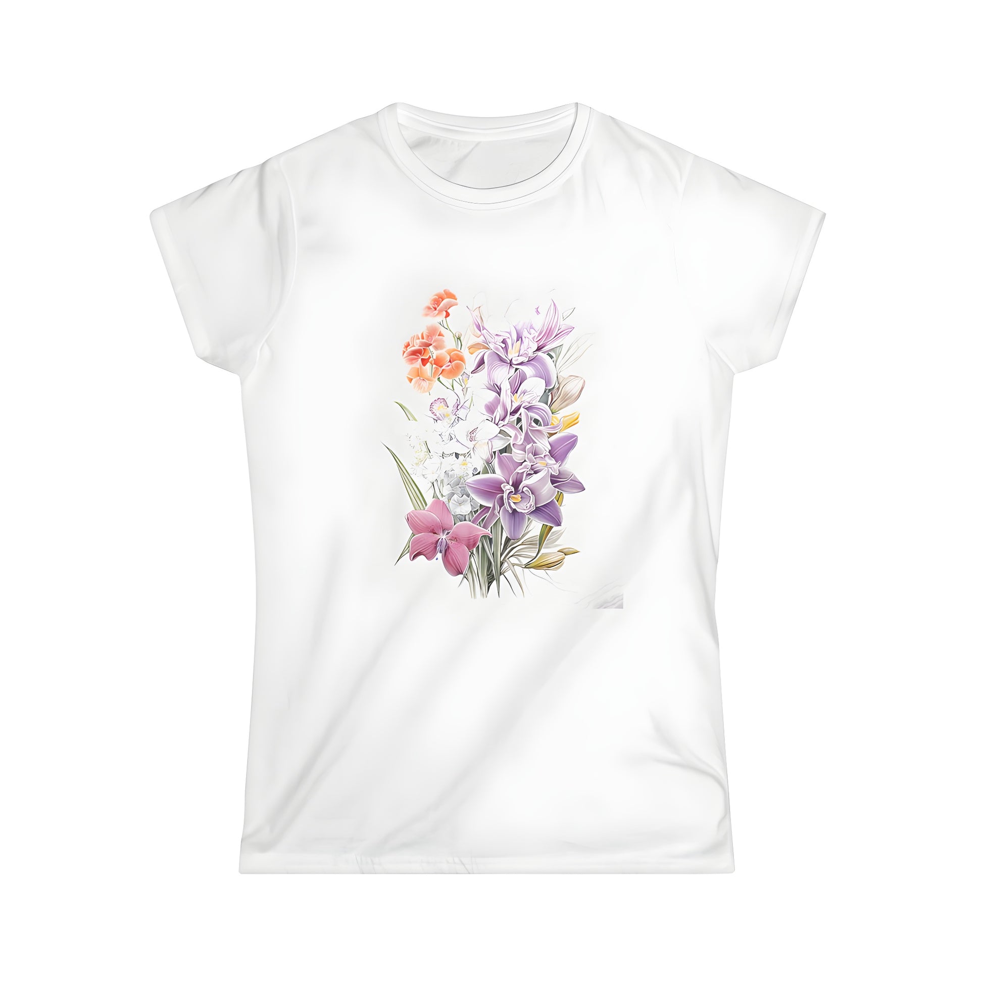 Colorful illustration of orchid flowers on women's t-shirt