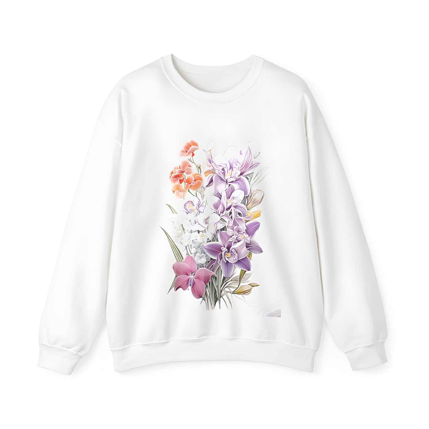 Adult sweatshirt featuring a colorful orchid and spring flower design