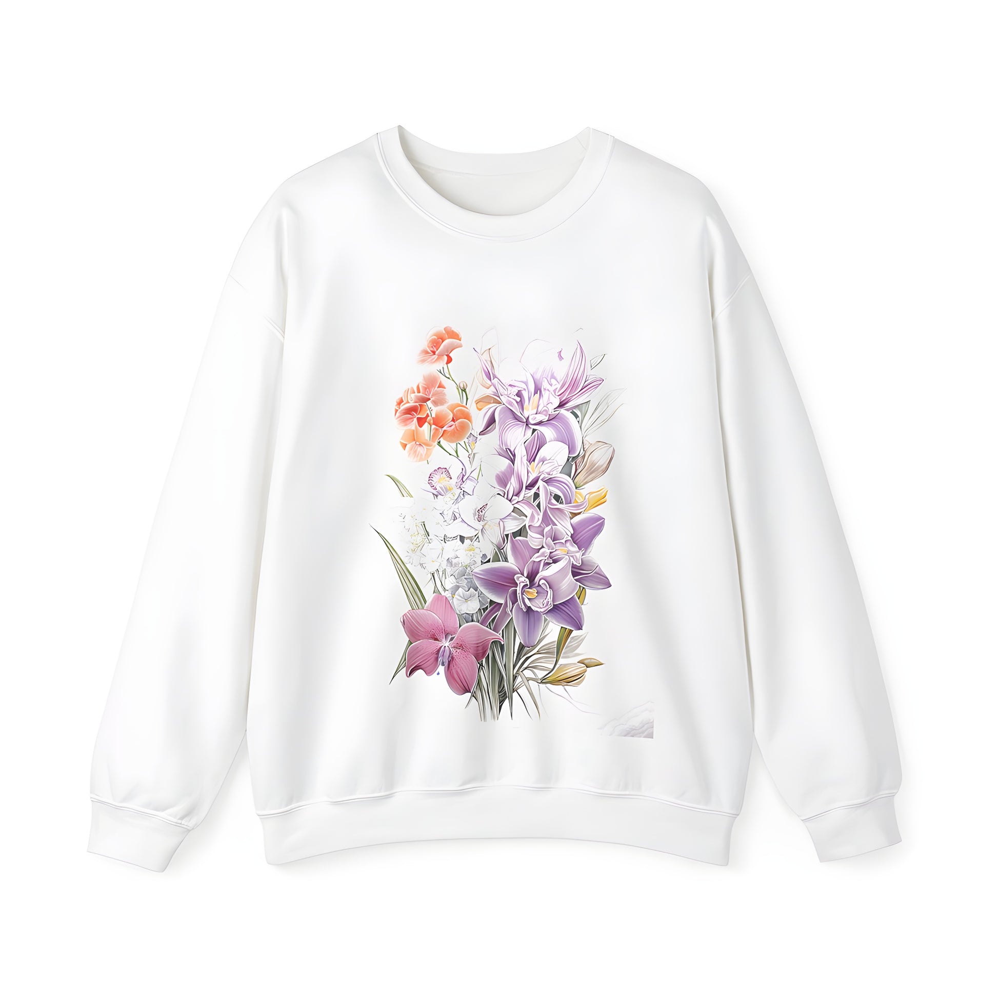 Adult sweatshirt featuring a colorful orchid and spring flower design