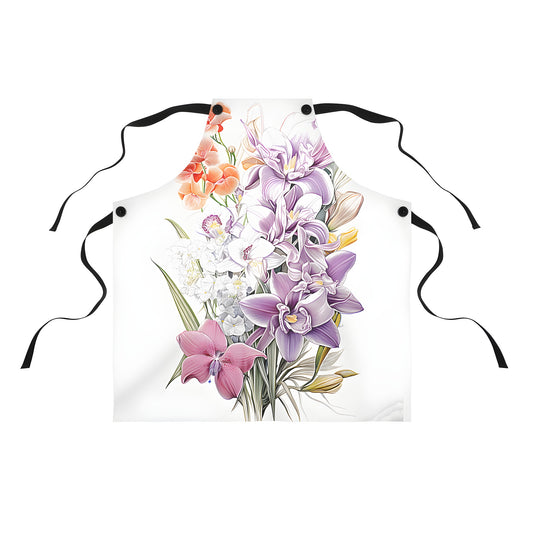 Colorful apron featuring an adorable orchid and spring flower design, perfect for gardening enthusiasts and nature lovers.