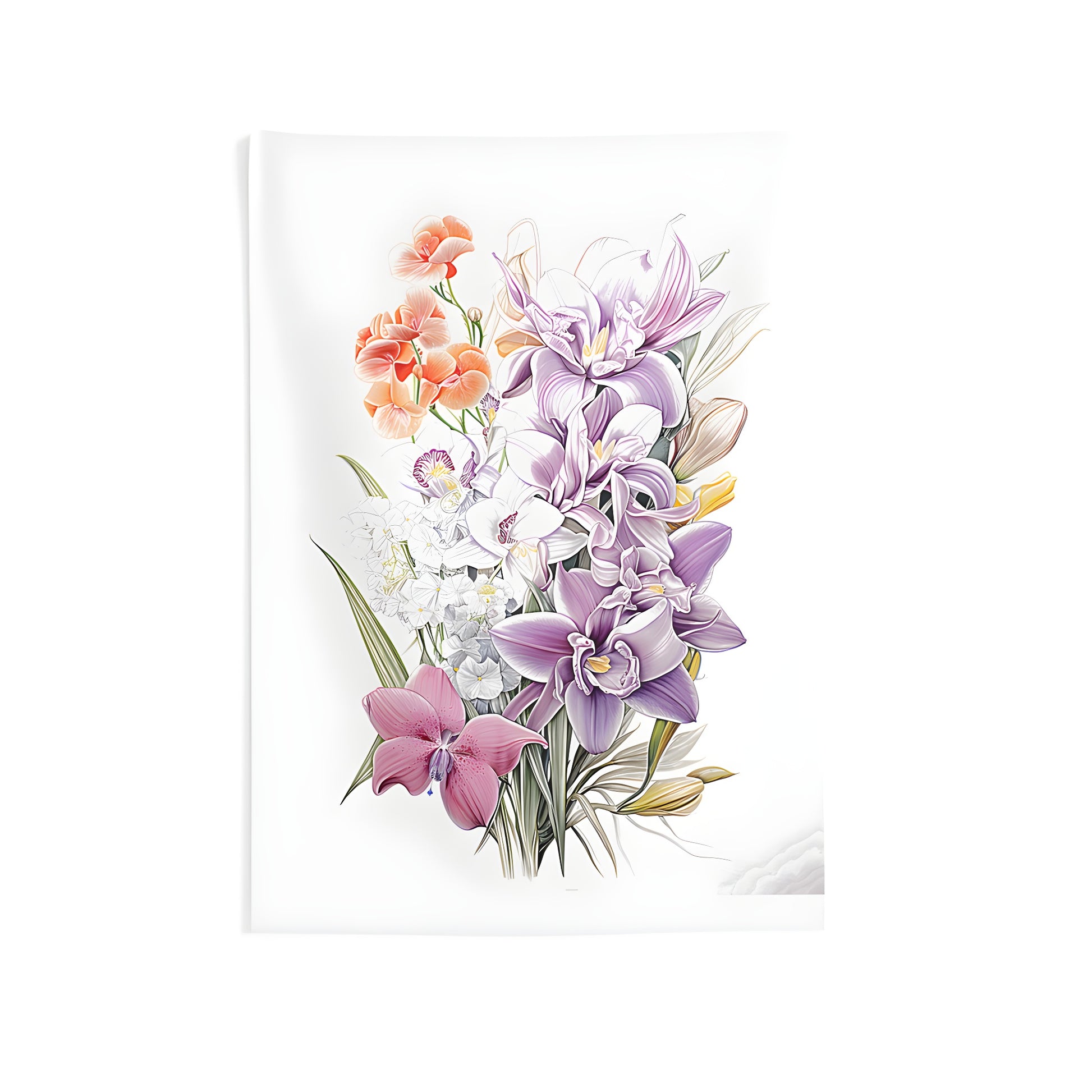 Colorful indoor wall tapestry featuring a beautiful bouquet with pastel-colored flowers, including orchids and spring blooms.