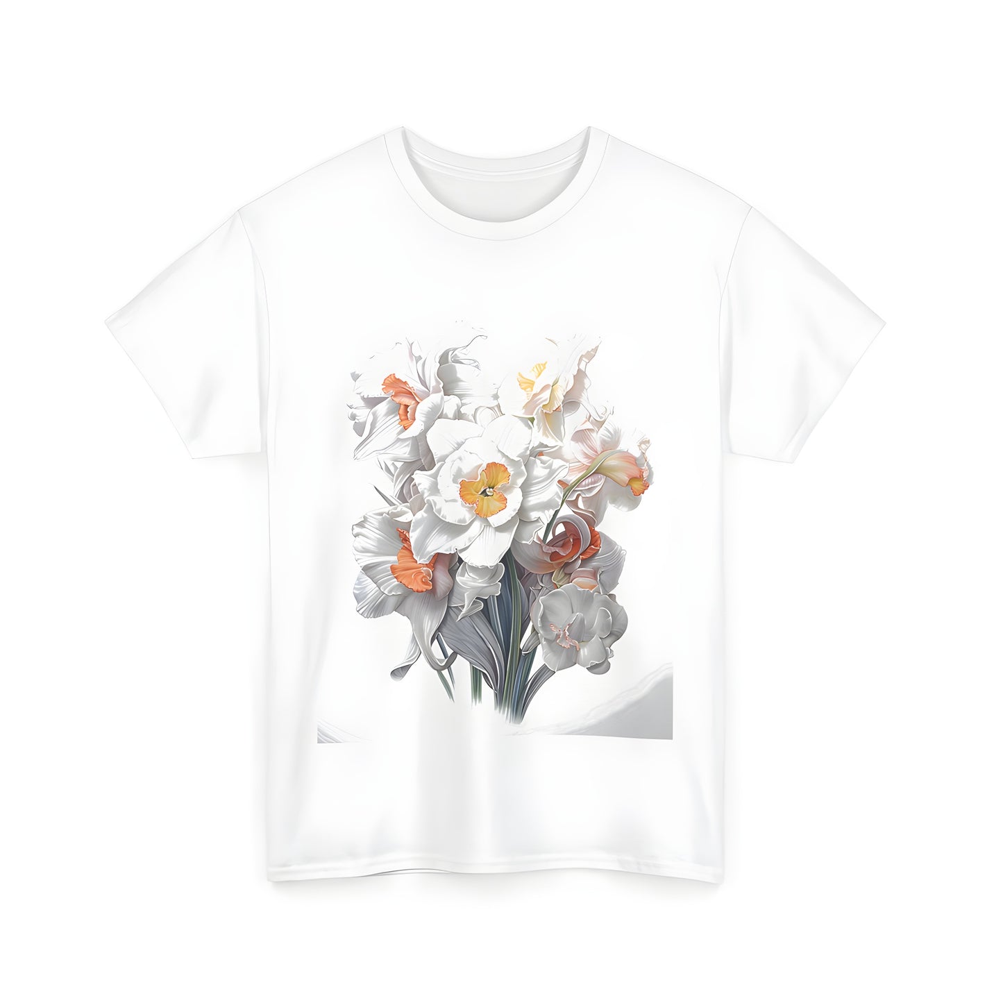 Colorful unisex t-shirt featuring a vibrant bouquet of daffodils, jonquils, narcissus flowers with white petals and orange centers