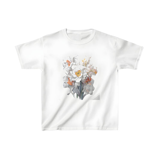 A colorful kid's t-shirt featuring an adorable floral design of daffodils with trumpet-shaped blooms and bright orange centers, paired with a charming kids' style for a delightful combination.