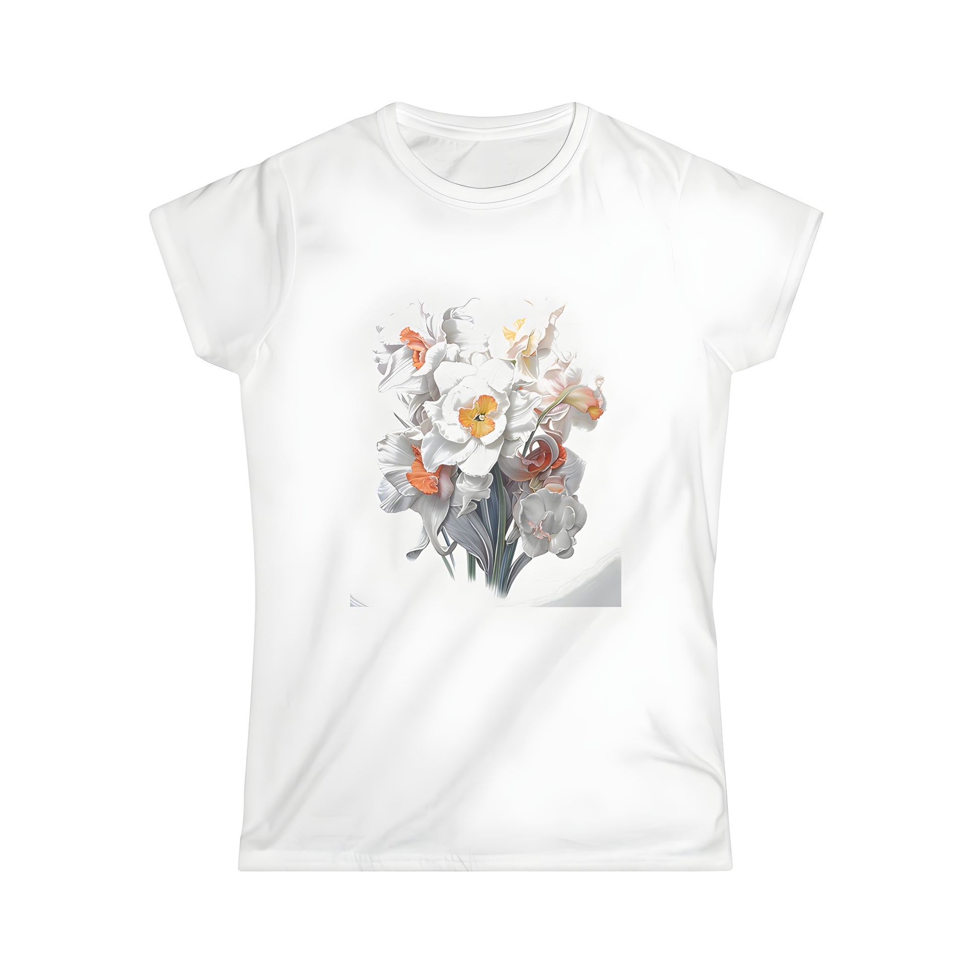 Women's T-shirt with vibrant daffodil flower print, featuring white petals and orange centers in a stylish and elegant design.