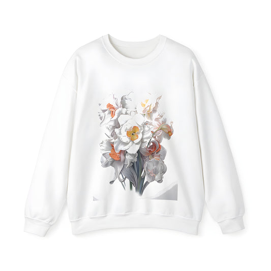 Adult sweatshirt featuring a vibrant floral print of daffodils, narcissus, and jonquils