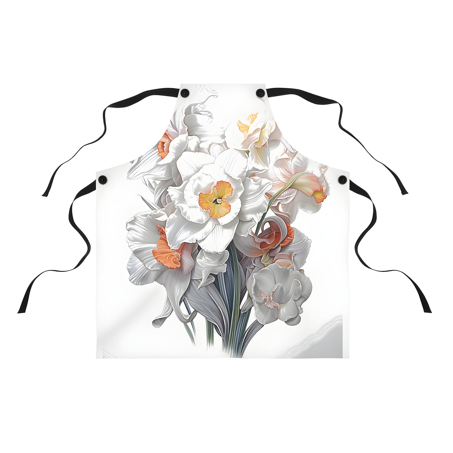 Colorful bouquet of daffodils, narcissus flowers, jonquils and trumpet-shaped blooms on a stylish apron