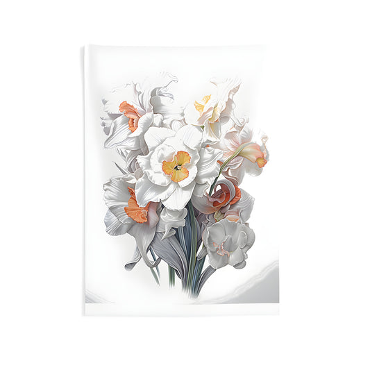 Colorful Indoor Wall Tapestry featuring a realistic daffodil bouquet with white petals and orange centers, great home decor