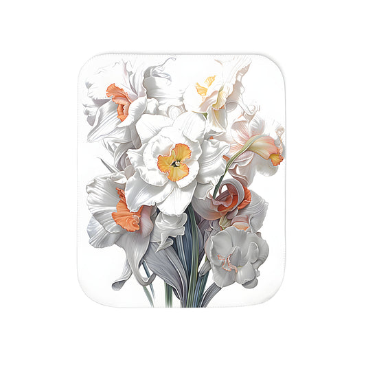 Cozy blanket featuring a colorful floral design of daffodils, trumpet flowers, and narcissus in shades of yellow, orange, and white