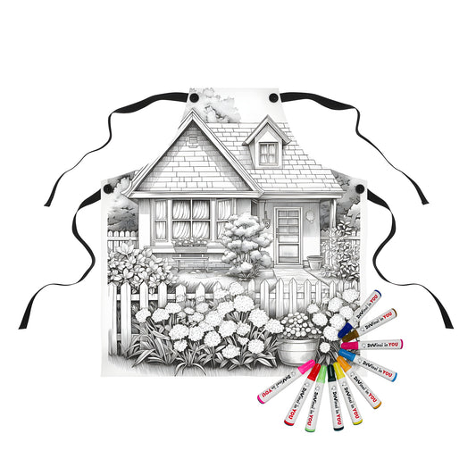 Cottage themed apron with colorful drawings of gardens, trees, and picket fences. Perfect for crafty adults who love color-by-number activities.