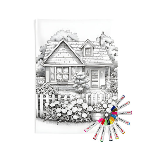 Indoor wall tapestry featuring a charming cottage scene with garden, trees, and picket fence, perfect for home decor. Great for bedrooms, living rooms, or nurseries.