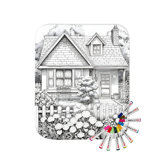 Cozy blanket featuring a charming country cottage scene with a whimsical garden, trees, and a picket fence. Perfect for snuggling up with your favorite markers.