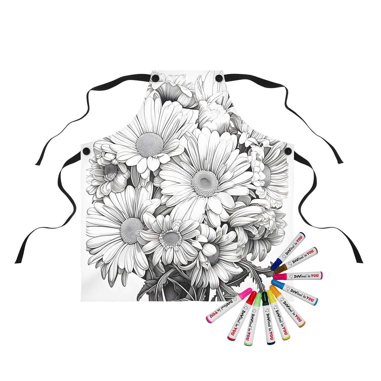 Coloring apron with black and white outline of daisies flowers, perfect for coloring book fans