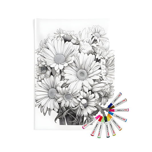 Detailed black and white floral wall tapestry featuring colorful daisies and bouquet design