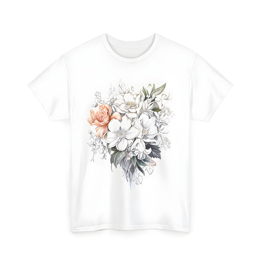 Colorful unisex t-shirt featuring a detailed floral bouquet illustration