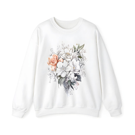 Adult Sweatshirt with Floral Bouquet Design - Unique White and Peach Flower Illustration