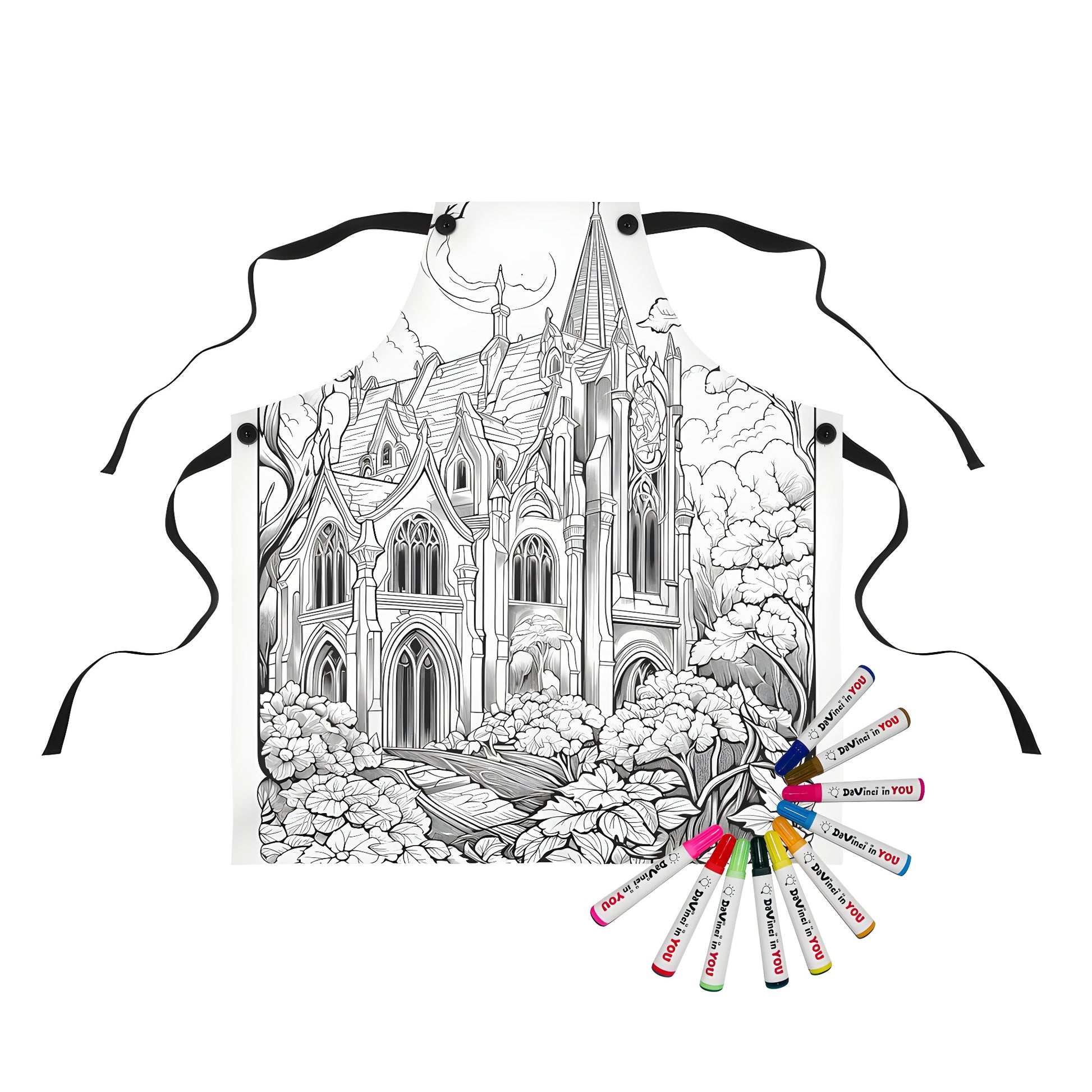 Black and white Gothic architecture drawing on an apron for coloring with vibrant fabric markers