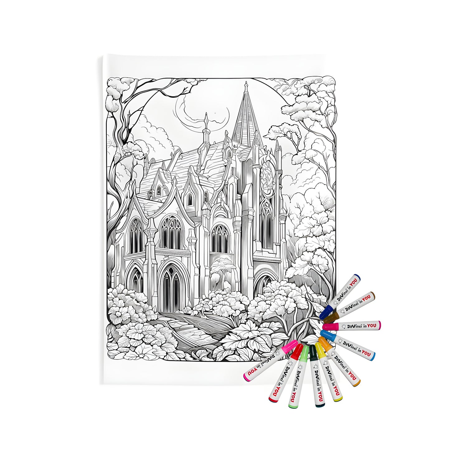 Indoor wall tapestries featuring a detailed black and white sketch of a medieval cathedral with intricate architectural features, surrounded by lush trees and plants