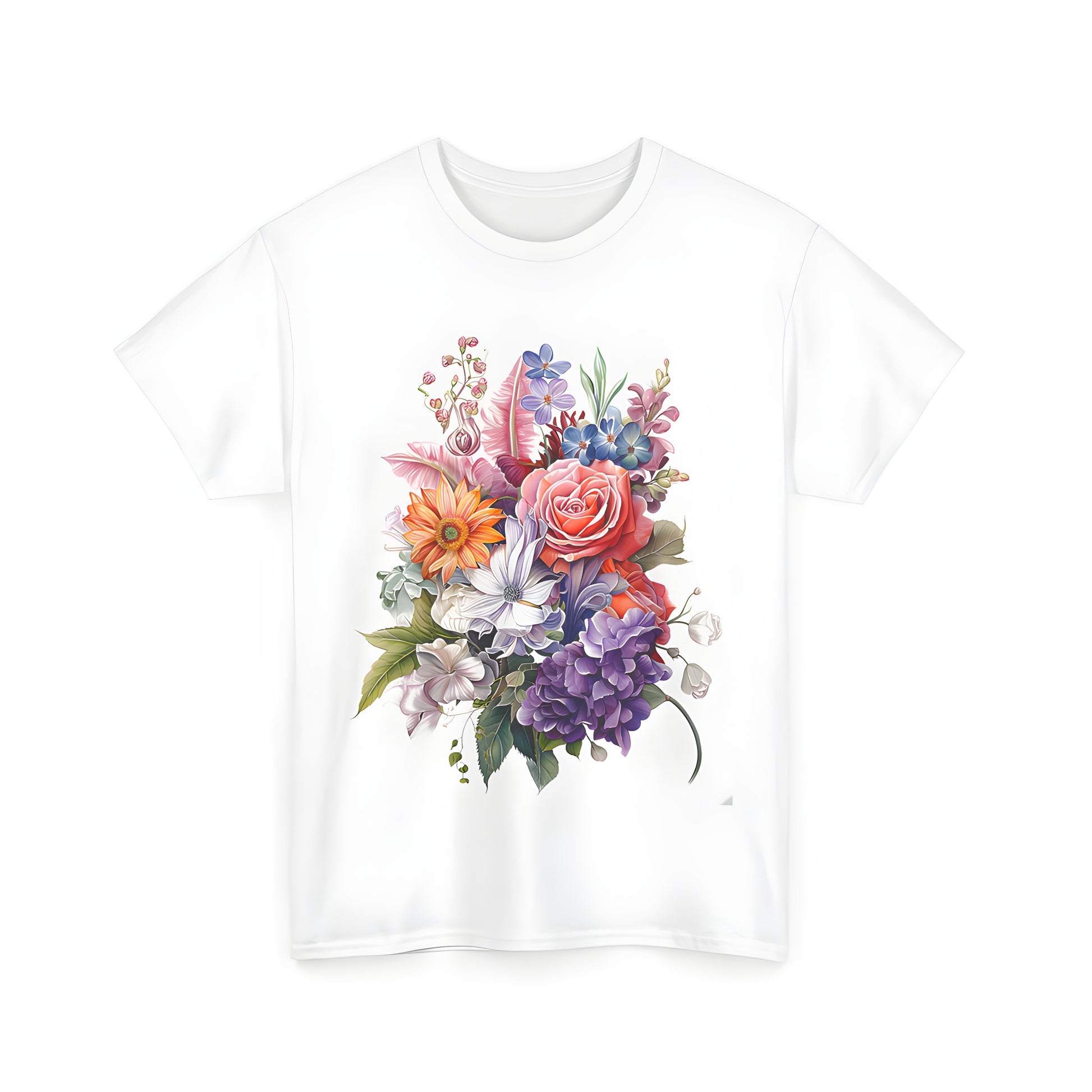 Colorful floral arrangement on a unisex t-shirt featuring roses, lilies, daisies, and lush greenery