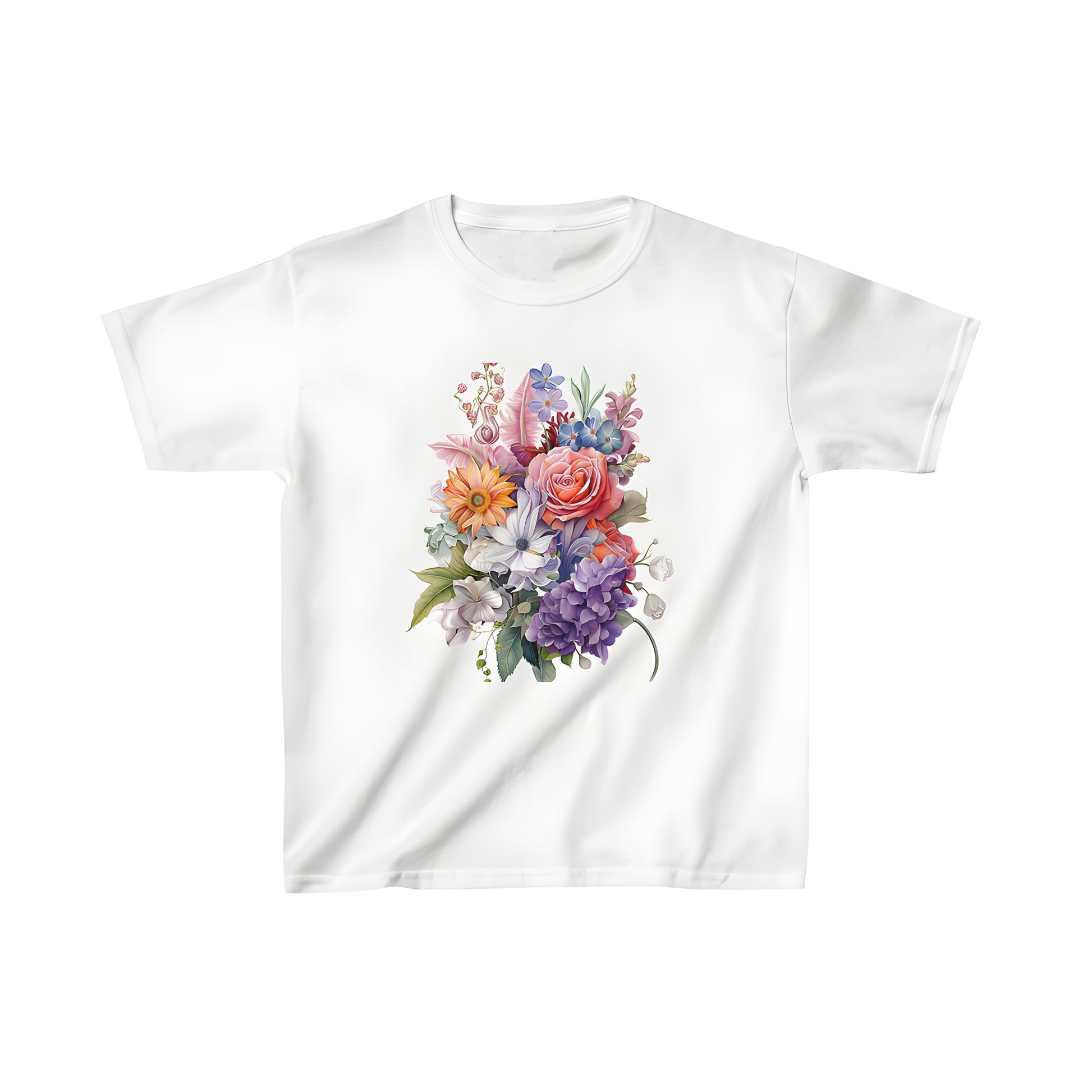 Kids colorful floral t-shirt with bouquet of roses, lilies and daisies