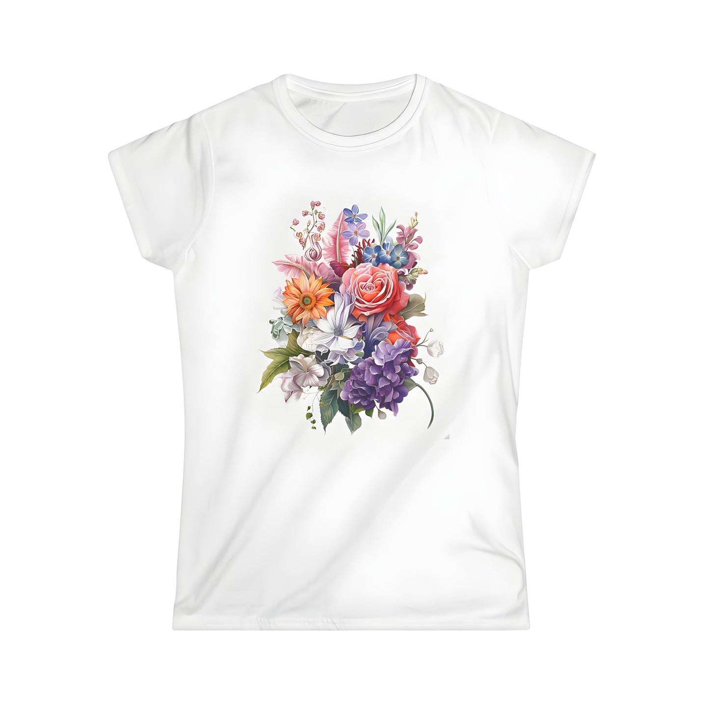 Colorful floral bouquet design on women's t-shirt featuring roses, lilies and daisies with lush greenery