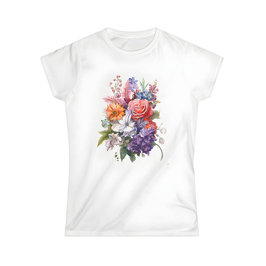 Colorful floral bouquet design on women's t-shirt featuring roses, lilies and daisies with lush greenery