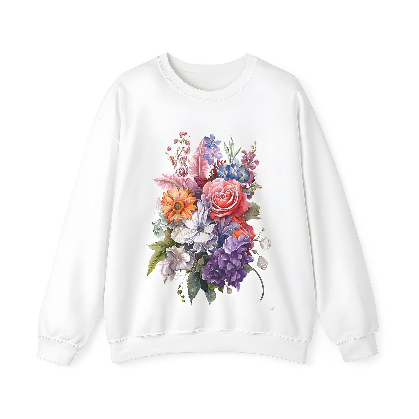 Adult sweatshirt with colorful bouquet print featuring roses, lilies, daisies and lush green leaves