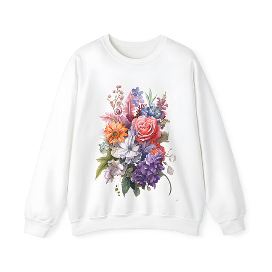 Adult sweatshirt with colorful bouquet print featuring roses, lilies, daisies and lush green leaves