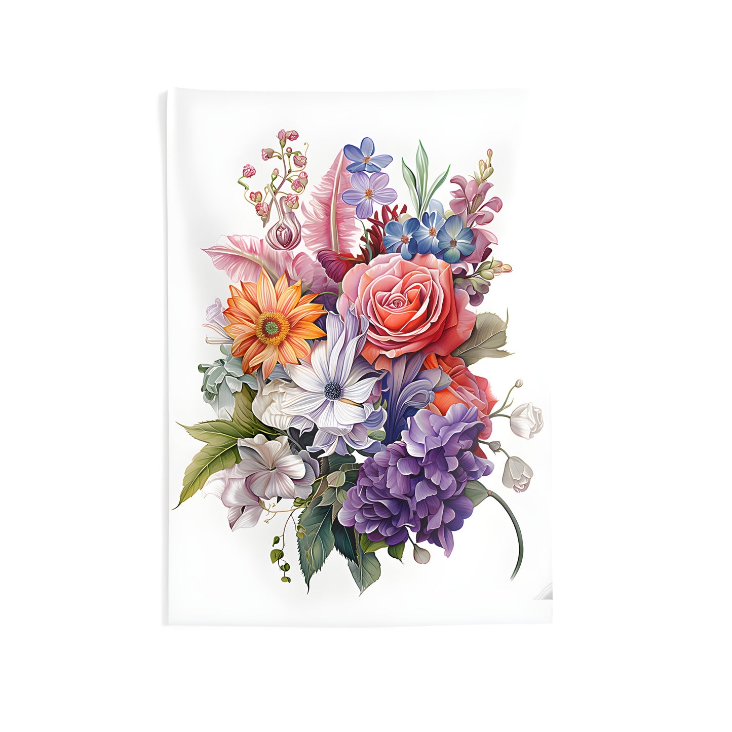 Indoor wall tapestries featuring colorful bouquet arrangements of roses, lilies, daisies, and lush green leaves.