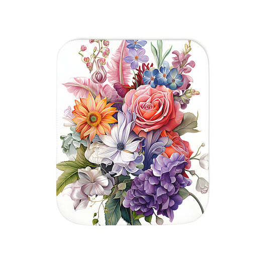 Cozy blanket featuring a colorful floral arrangement of roses, lilies, daisies, and lush green leaves