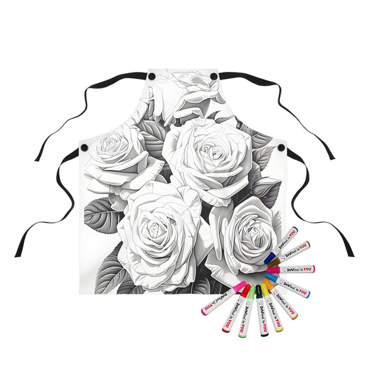 Coloring apron with beautiful floral designs featuring a bouquet of red rose petals and lush greenery