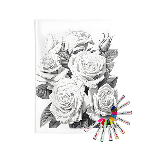 A beautiful indoor wall tapestry featuring a coloring page design of a bouquet of roses, peonies, and hibiscus flowers with intricate black and white petals and leaves. Perfect for home decor and art enthusiasts.