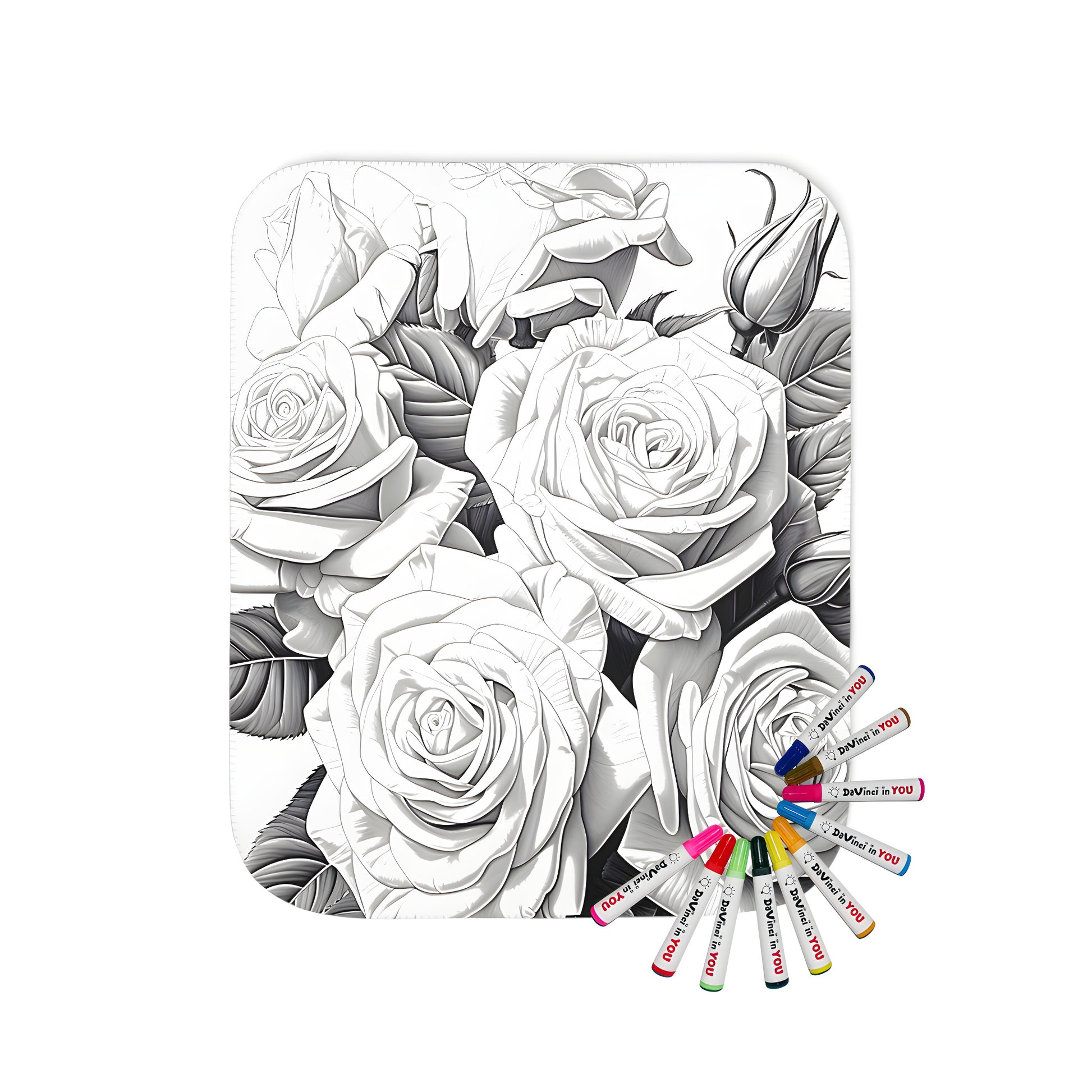 Coloring kit blanket with 10 vibrant fabric markers featuring a beautiful bouquet of roses, florals, and petals