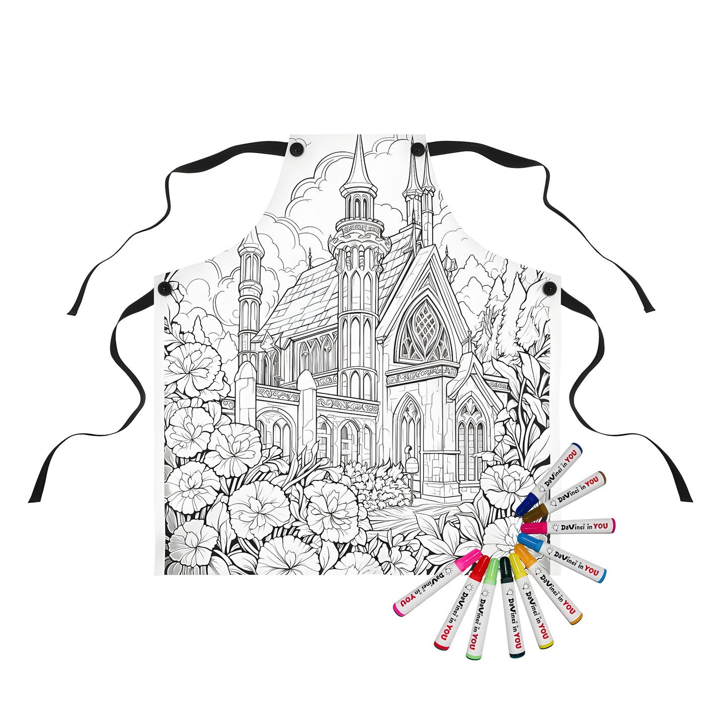 Apron with intricate gothic church, basilica, or abbey design featuring multiple spires, surrounded by lush flowers and trees