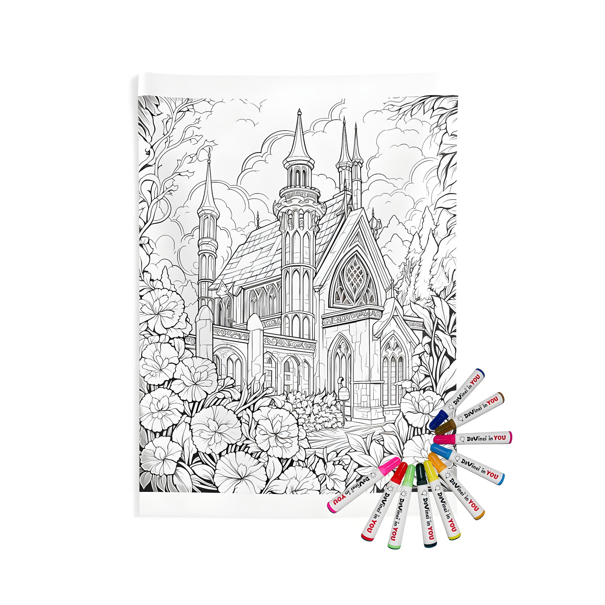 Indoor wall tapestries inspired by intricate gothic architecture, cathedral designs, grand church sanctuaries, and tranquil gardens