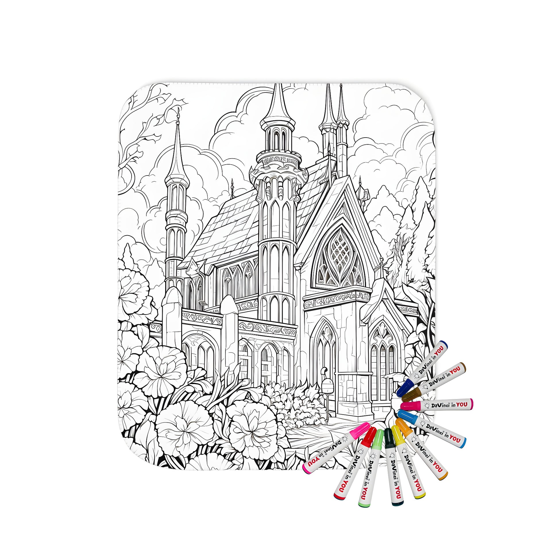 Gothic Church Coloring Page Blanket with Spire Design, Intricate Flowers & Trees, Cathedral-Inspired Fabric Art