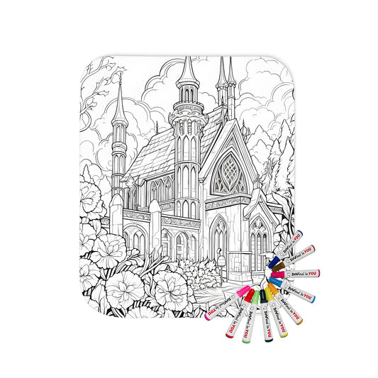 Gothic Church Coloring Page Blanket with Spire Design, Intricate Flowers & Trees, Cathedral-Inspired Fabric Art