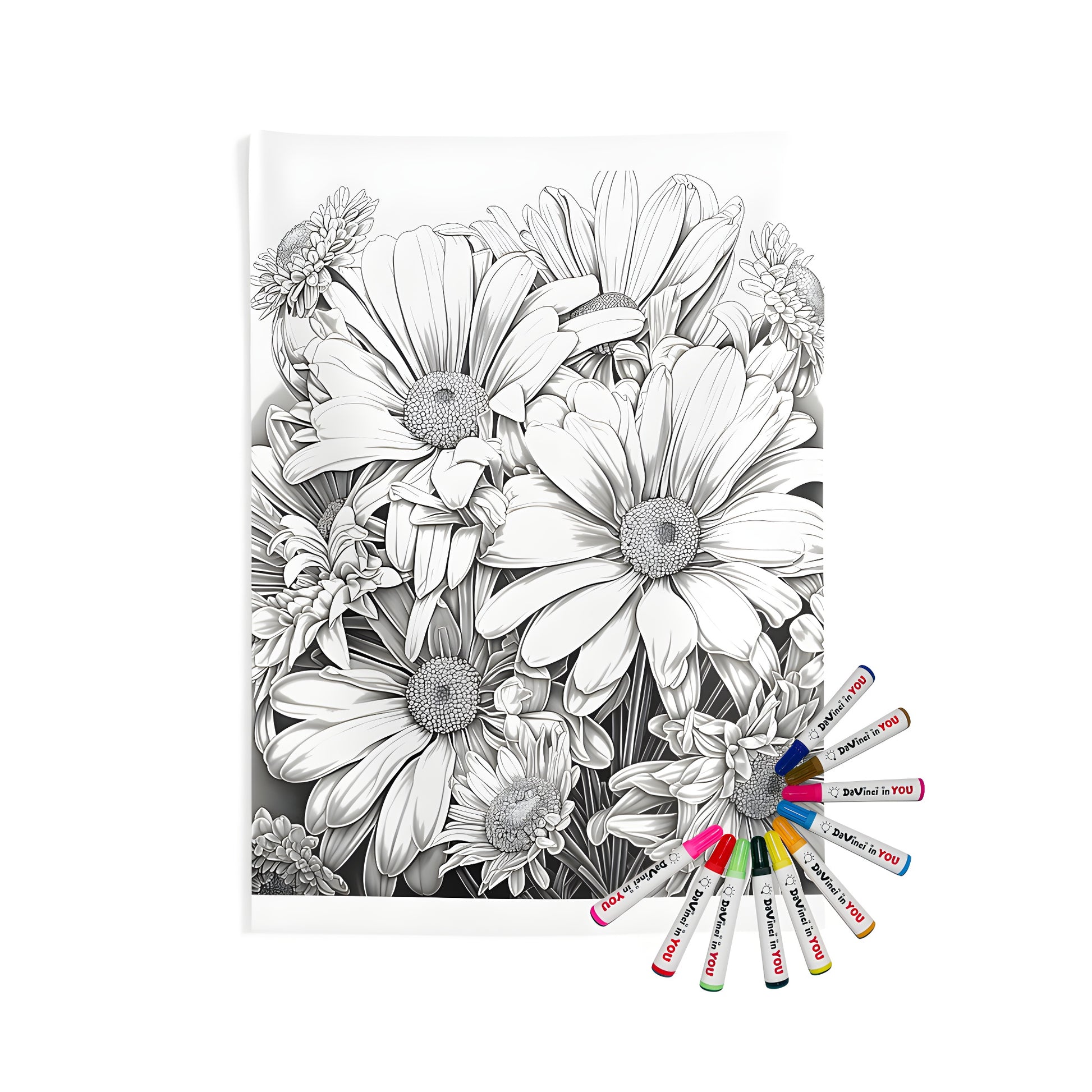 Intricate black and white drawing of blooming daisies, sunflowers, and wildflowers on an indoor wall tapestries with fabric markers included