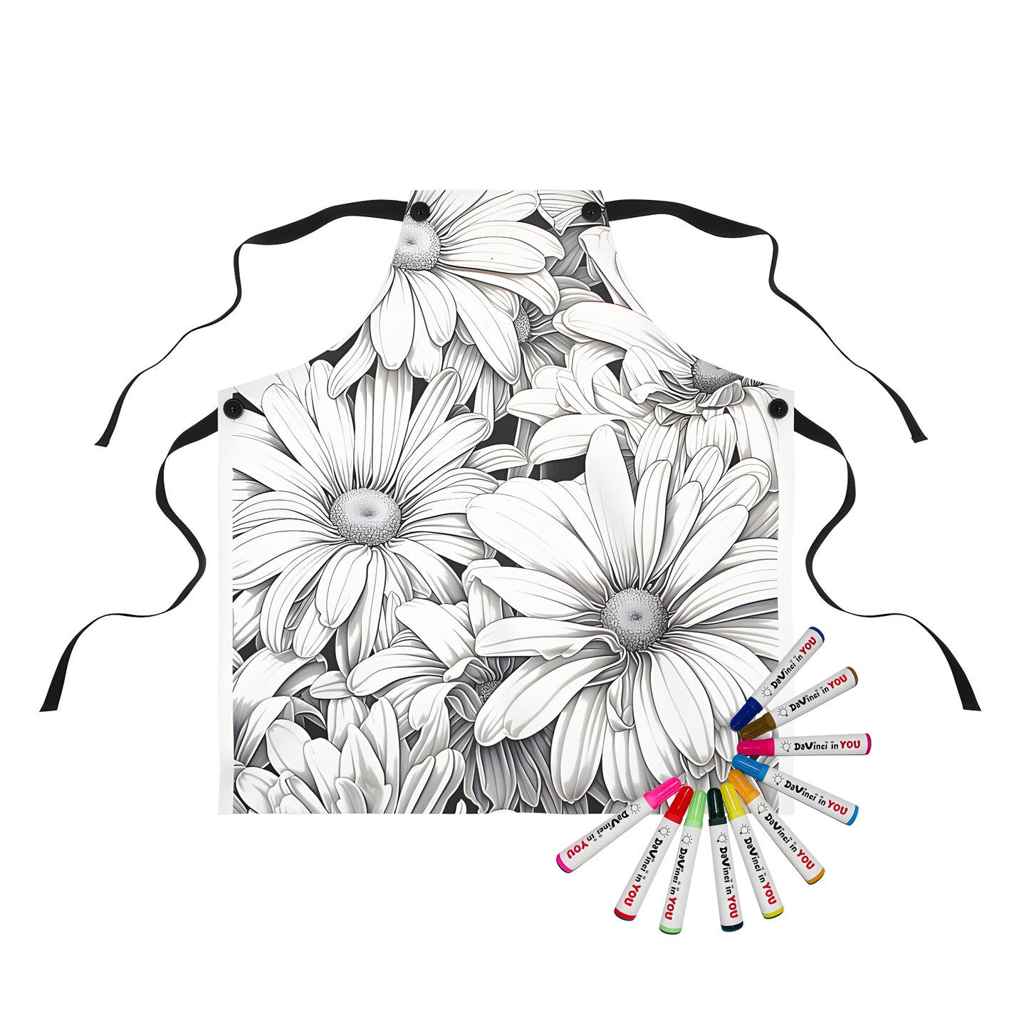 Coloring kit apron featuring floral design with cluster of intricate daisies, daylilies and cosmos flowers