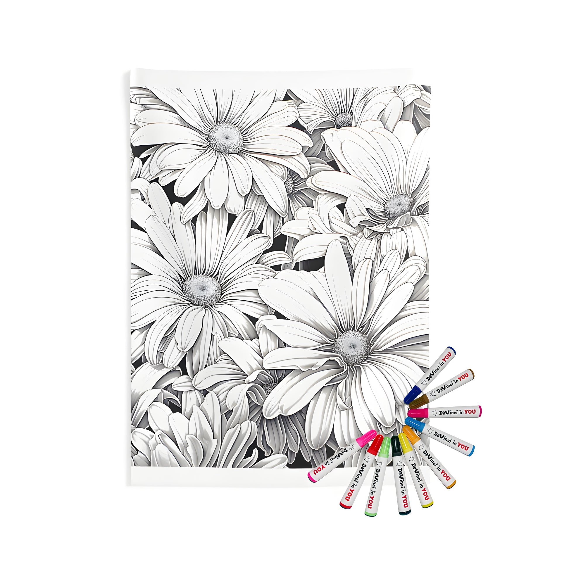 Indoor wall tapestries featuring a cluster of intricately detailed black and white daisies, marguerites, bellflowers, or bell petals with overlapping petals