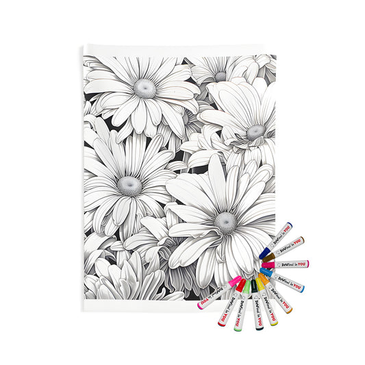 Indoor wall tapestries featuring a cluster of intricately detailed black and white daisies, marguerites, bellflowers, or bell petals with overlapping petals